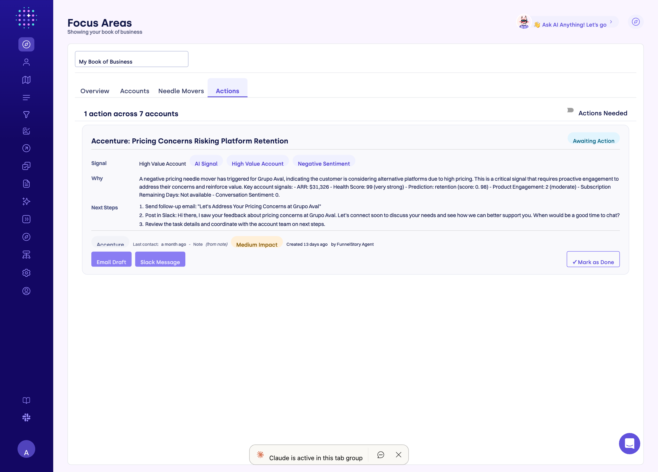An Action Card in the Focus Areas Actions tab showing Signal, Why, Next Steps, and outreach buttons