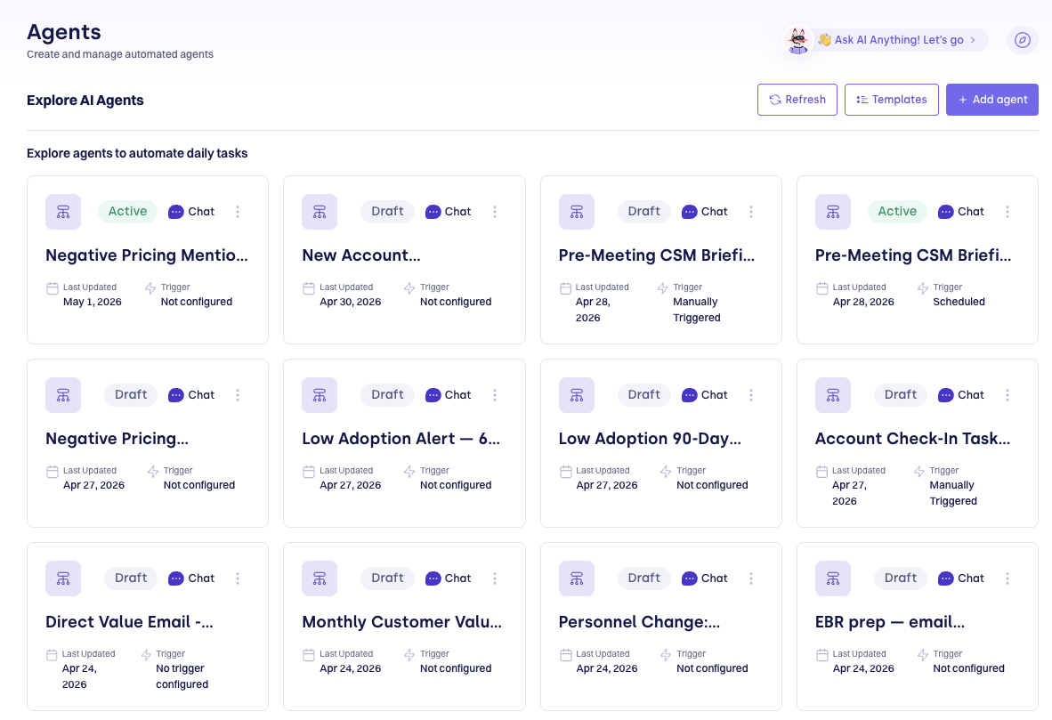 Agents library showing a grid of agent cards with Active/Draft status badges