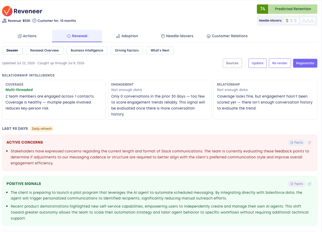 Account Dossier overview showing the refresh toolbar, Relationship Intelligence panel, and Last 90 Days section with Active Concerns and Positive Signals