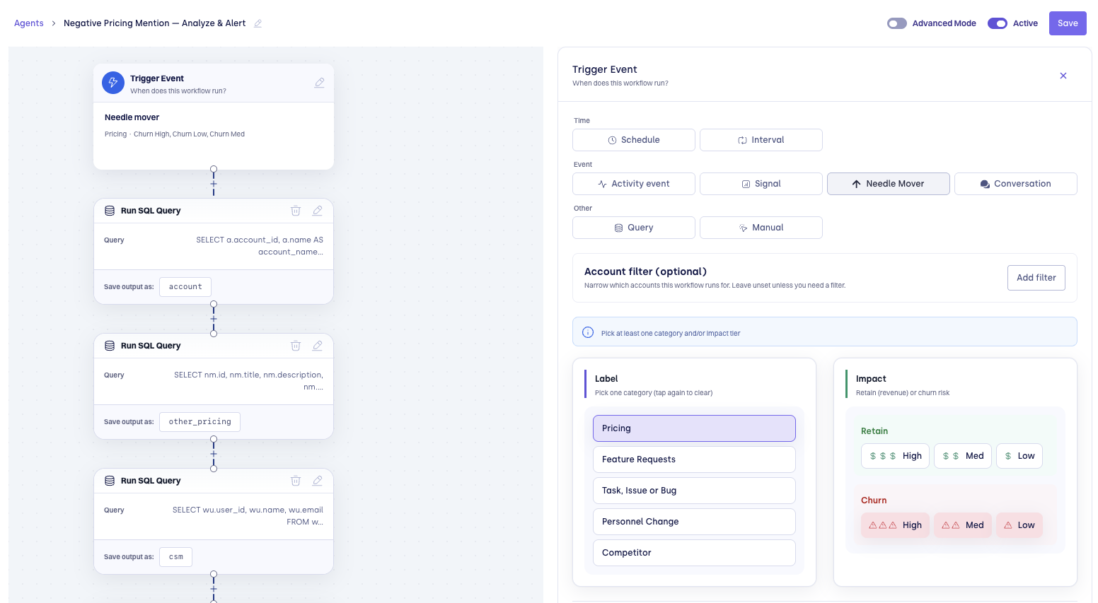 Agent canvas editor showing the Trigger Event node at the top connected to steps below