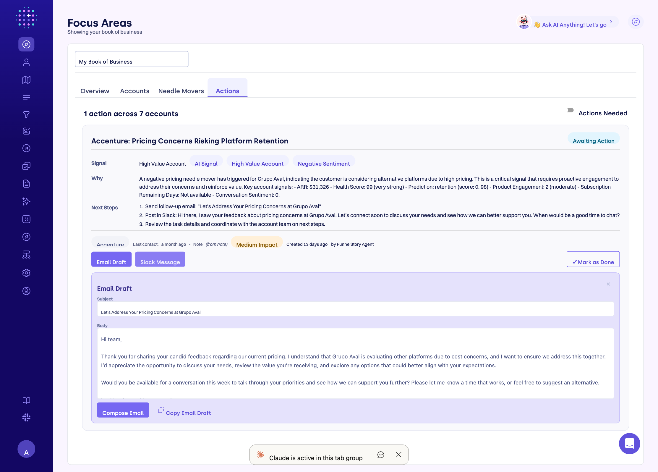 Email Draft panel showing AI-written subject and body ready to send