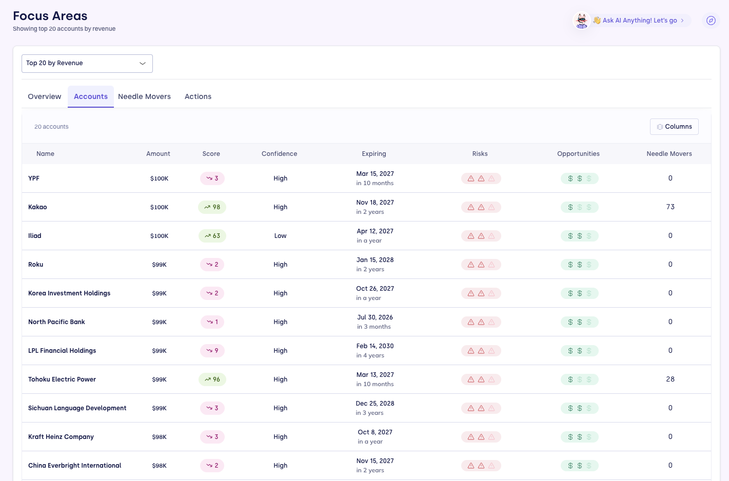 Focus Areas Accounts tab showing account table with health scores and renewal dates