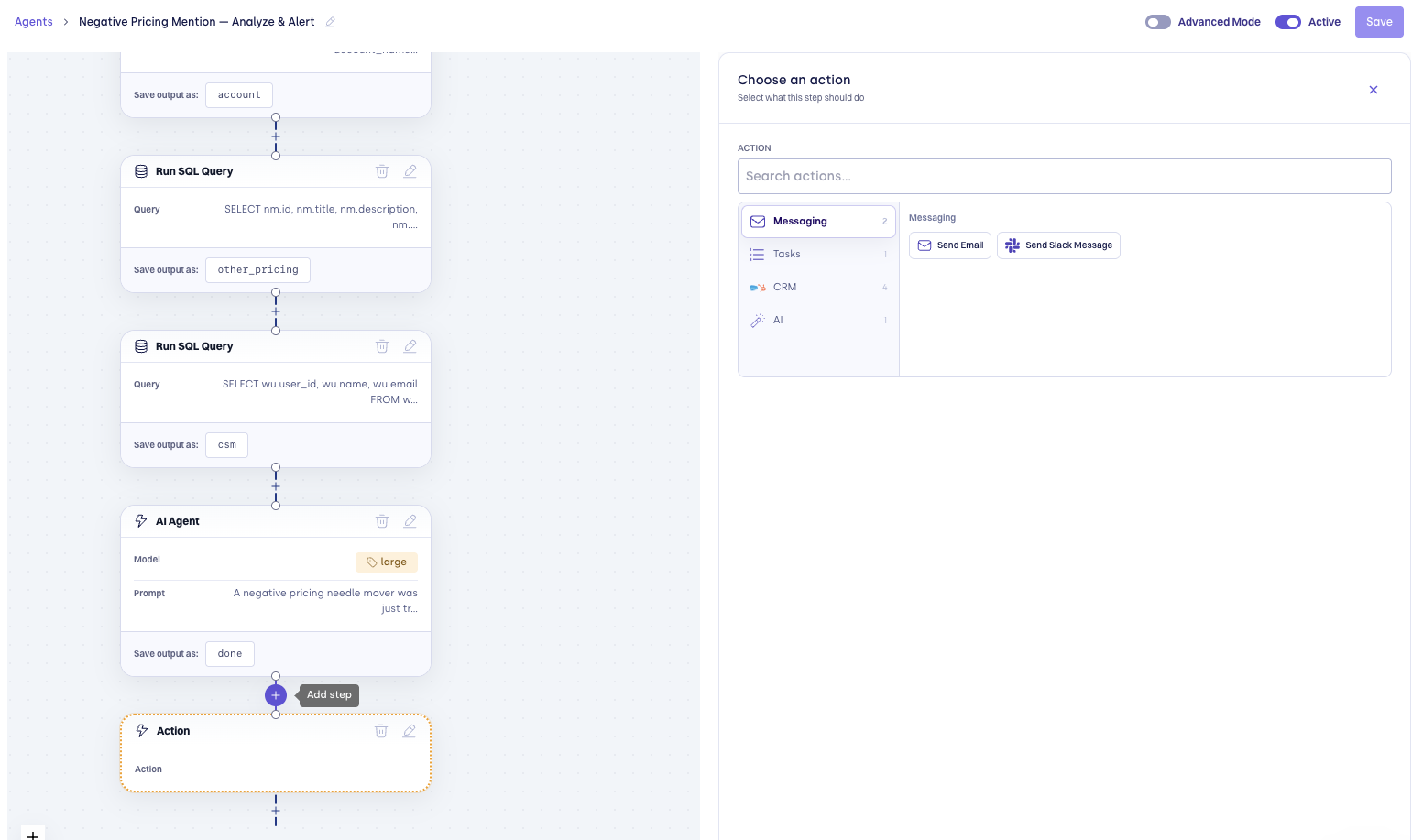Step type picker showing CALL and AGENT options
