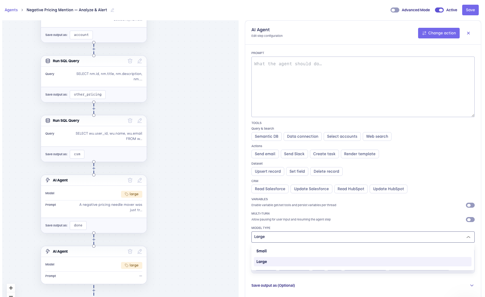 AI Agent step configuration showing model selector and system/user prompt fields