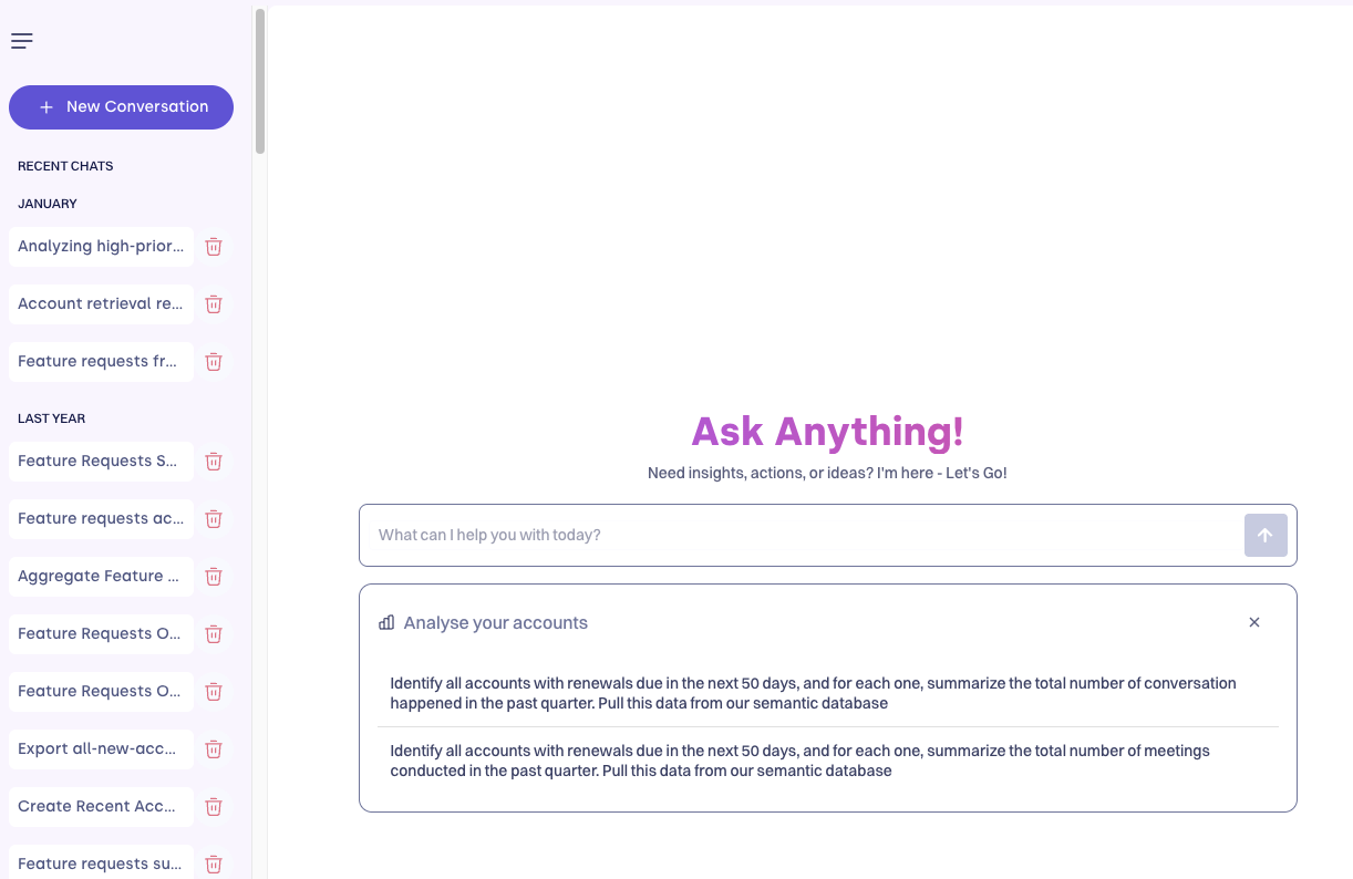 Renari Ask Anything interface showing conversation history, suggested prompts, and the main query input