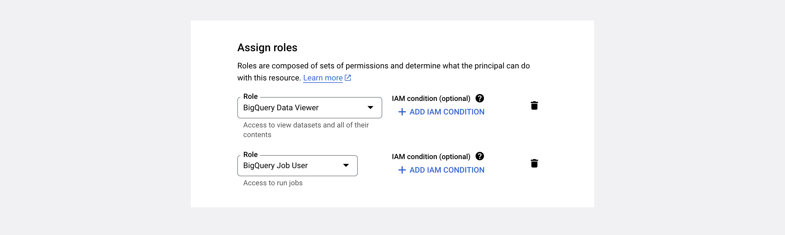 Service account creation showing BigQuery Data Viewer and BigQuery Job User roles