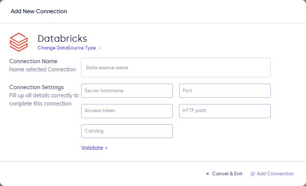Databricks connection form and SQL warehouse connection details