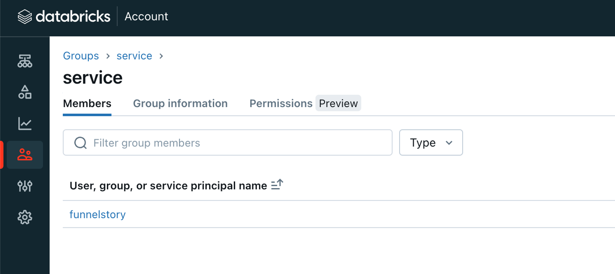 Databricks account console — group with service principal