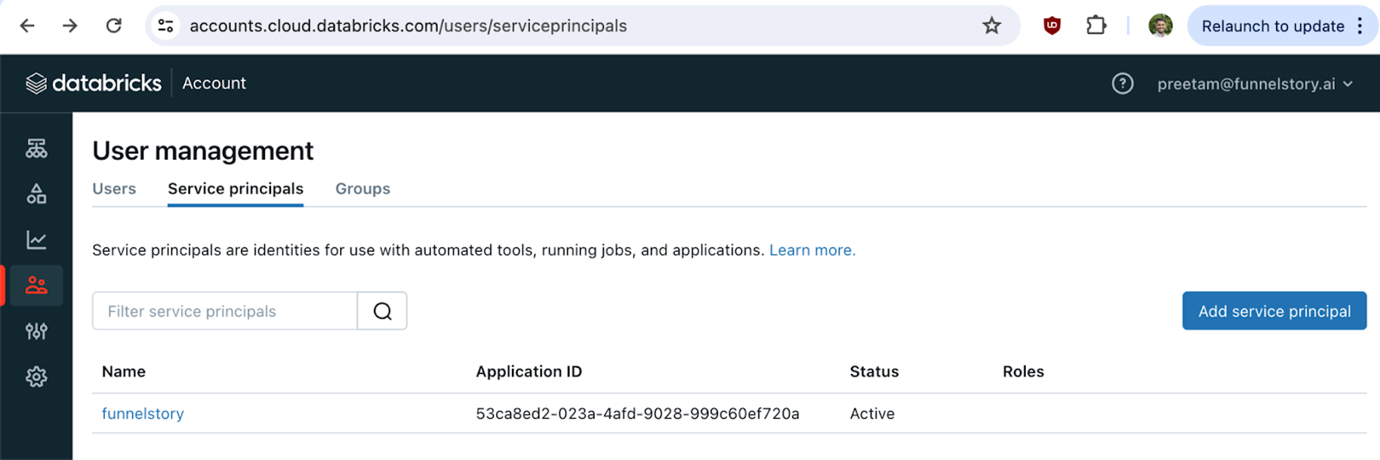 Databricks account console — create service principal