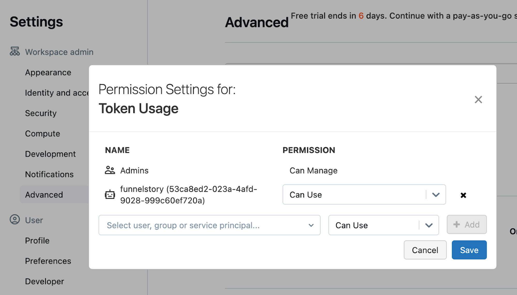 Databricks — allow service principal to use tokens