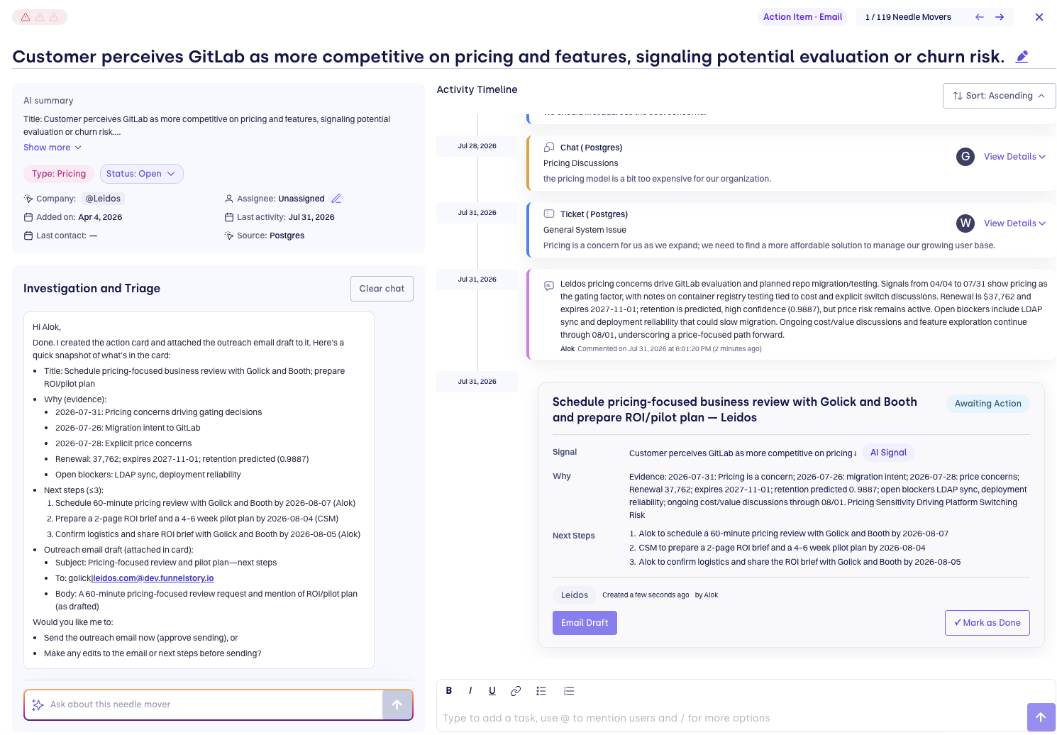 Needle Mover detail view showing AI Summary, the Investigation and Triage chat, Overview panel, and Activity Timeline