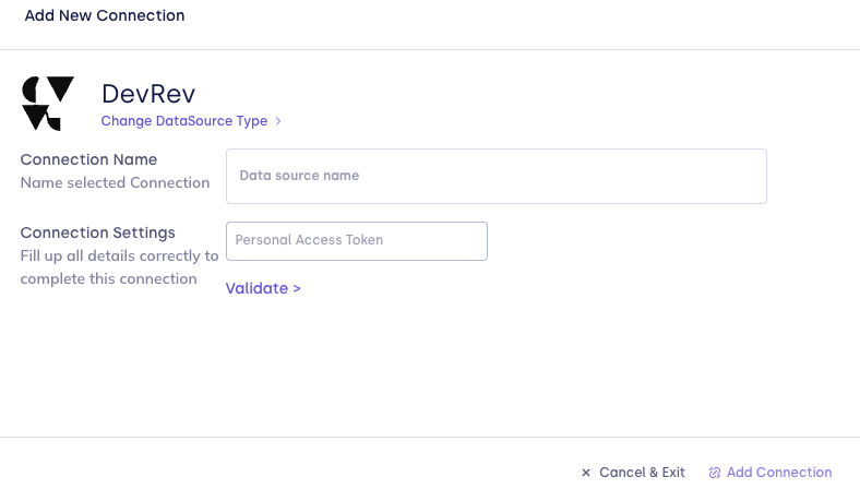 DevRev connection form with Connection Name and Personal Access Token fields