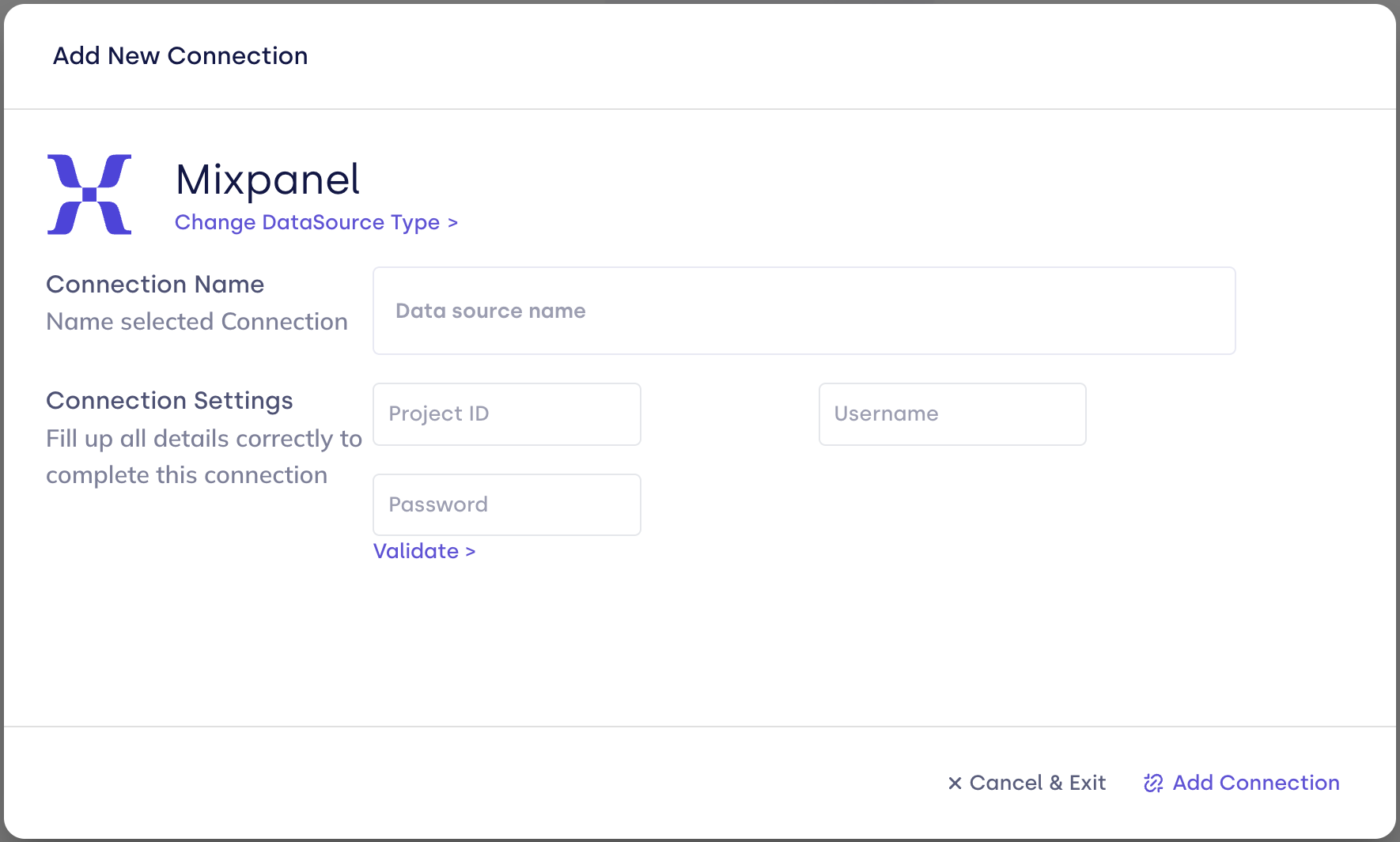 Mixpanel connection form with project and service account fields