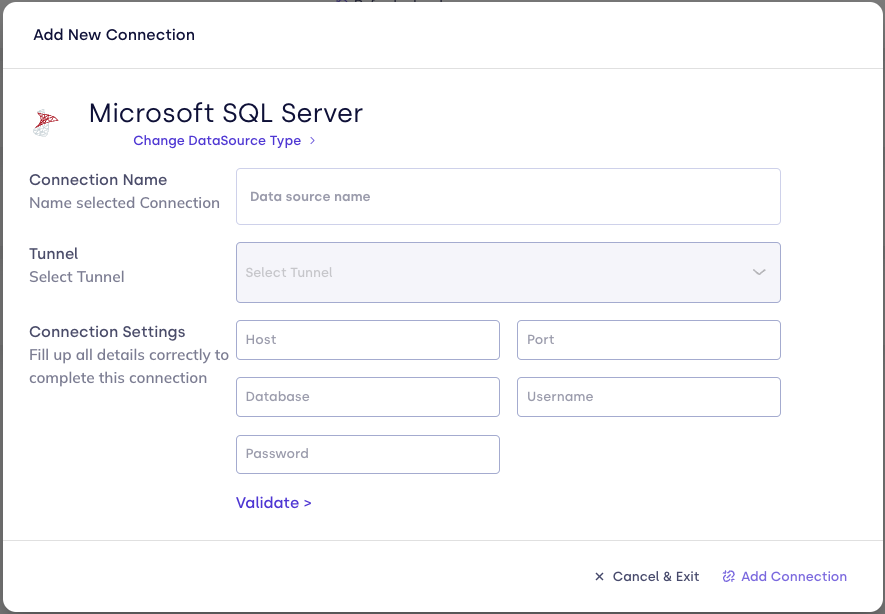 Microsoft SQL Server connection form