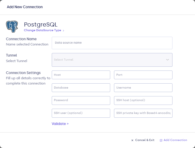 PostgreSQL connection form with host, port, database, and credentials
