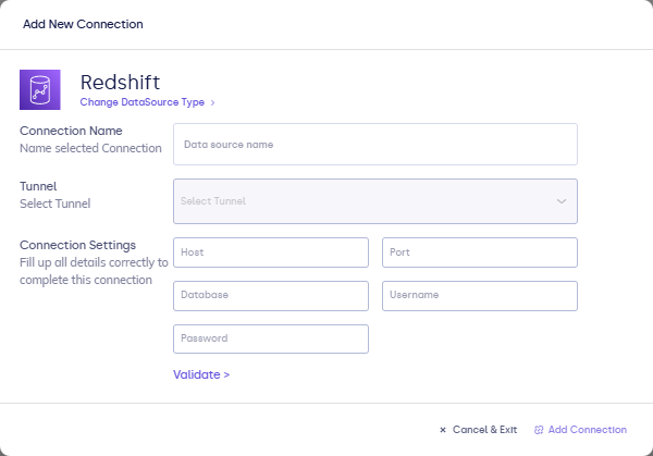 Amazon Redshift connection form