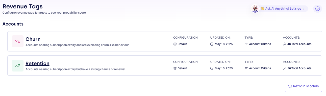 Revenue Tags configuration showing Churn and Retention tags with account counts and a Retrain Models button