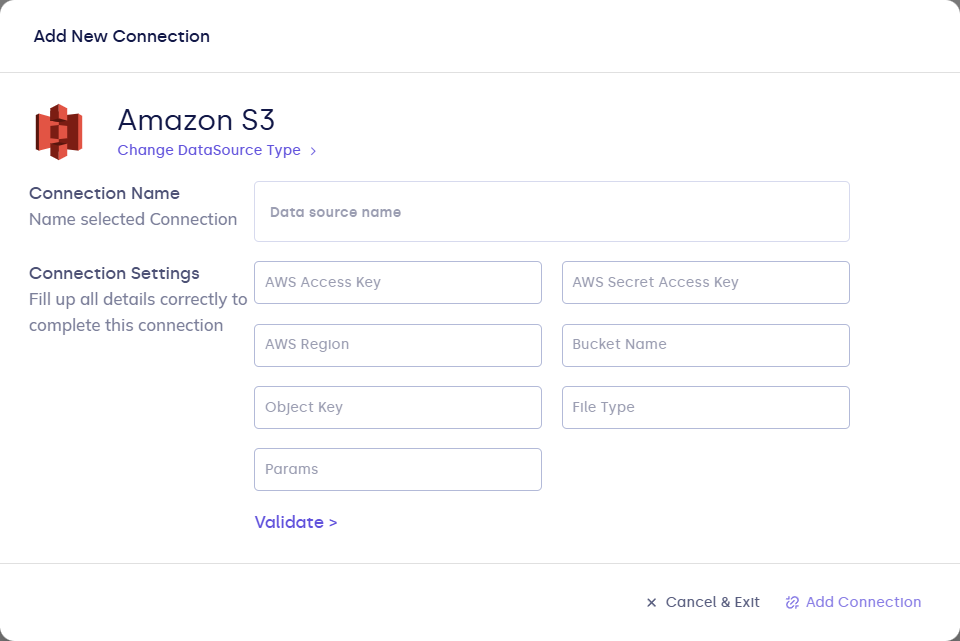 Amazon S3 connection form