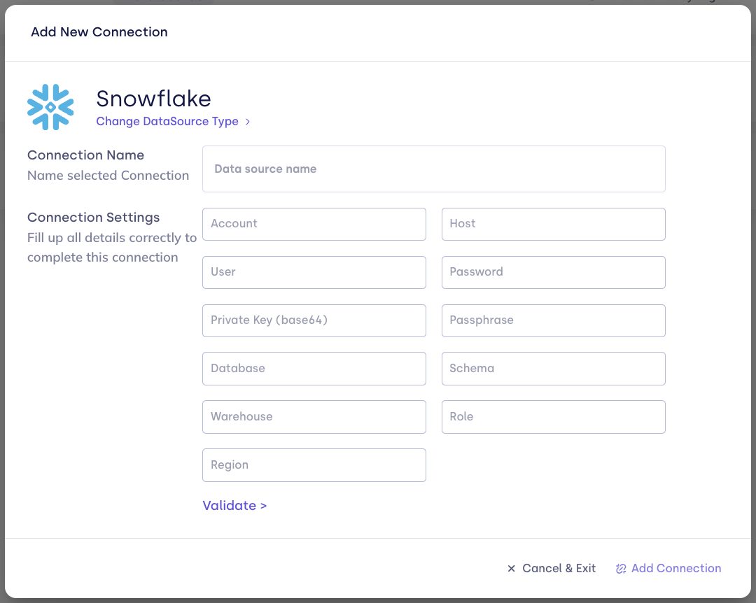Snowflake connection form with Account, Host, and credentials