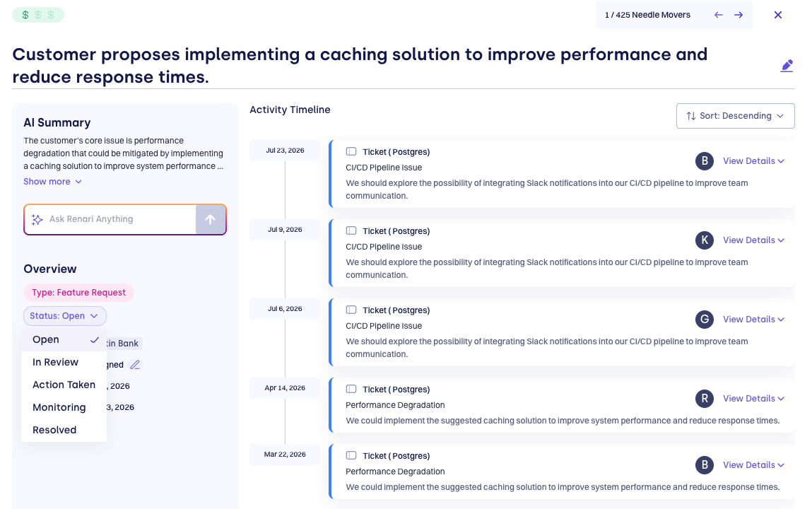 Needle mover detail view with the status dropdown open, showing Open, In Review, Action Taken, Monitoring, and Resolved