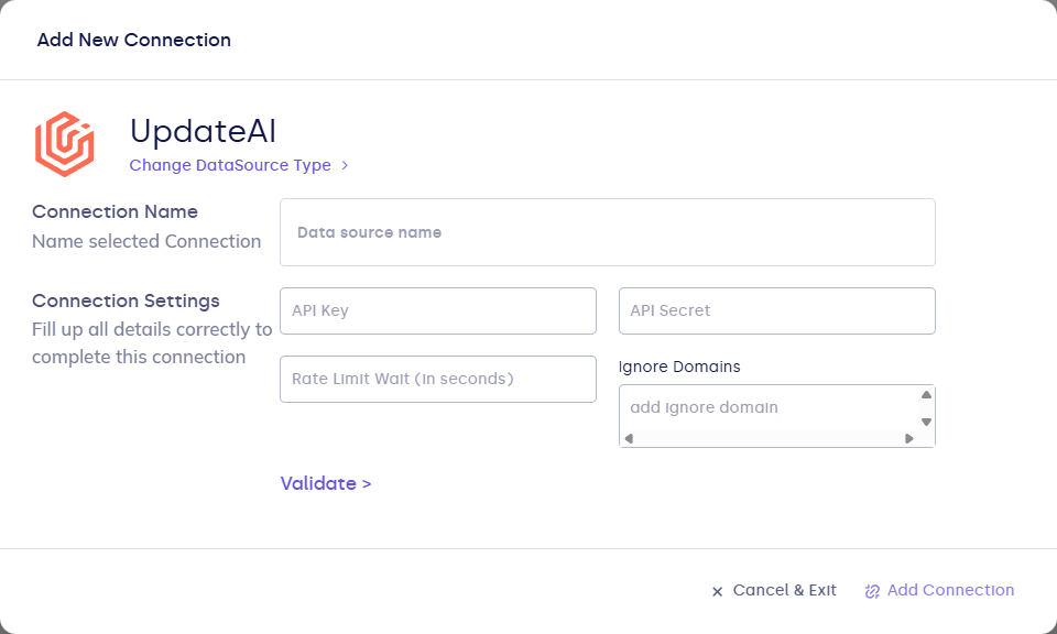 Update.ai connection form