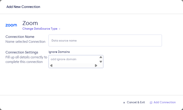 Zoom connection form — name and ignore domains